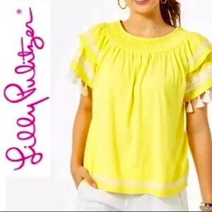 Lilly Pulitzer Lemon Nailah Yellow Embroidered Top Tassel Sleeves Large